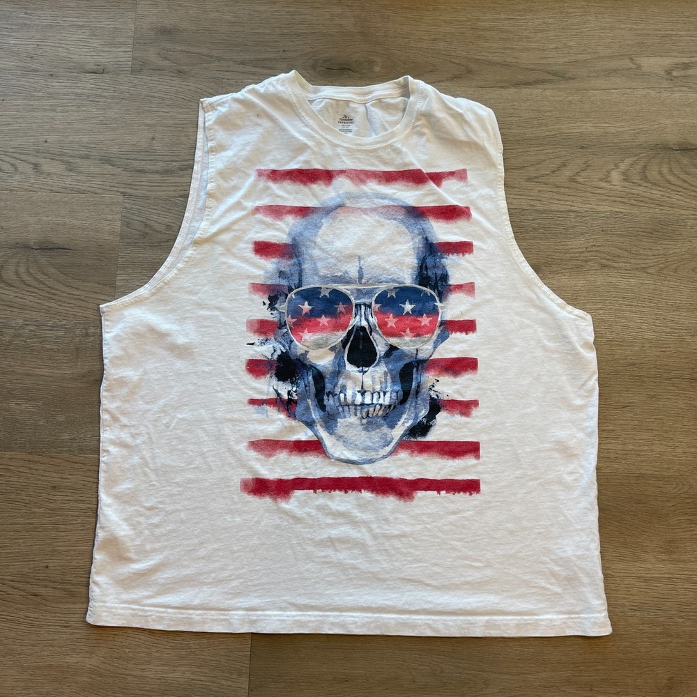 Way To Celebrate Patriotic Tank Top Mens 2XL White Skull Sunglasses Flag USA
